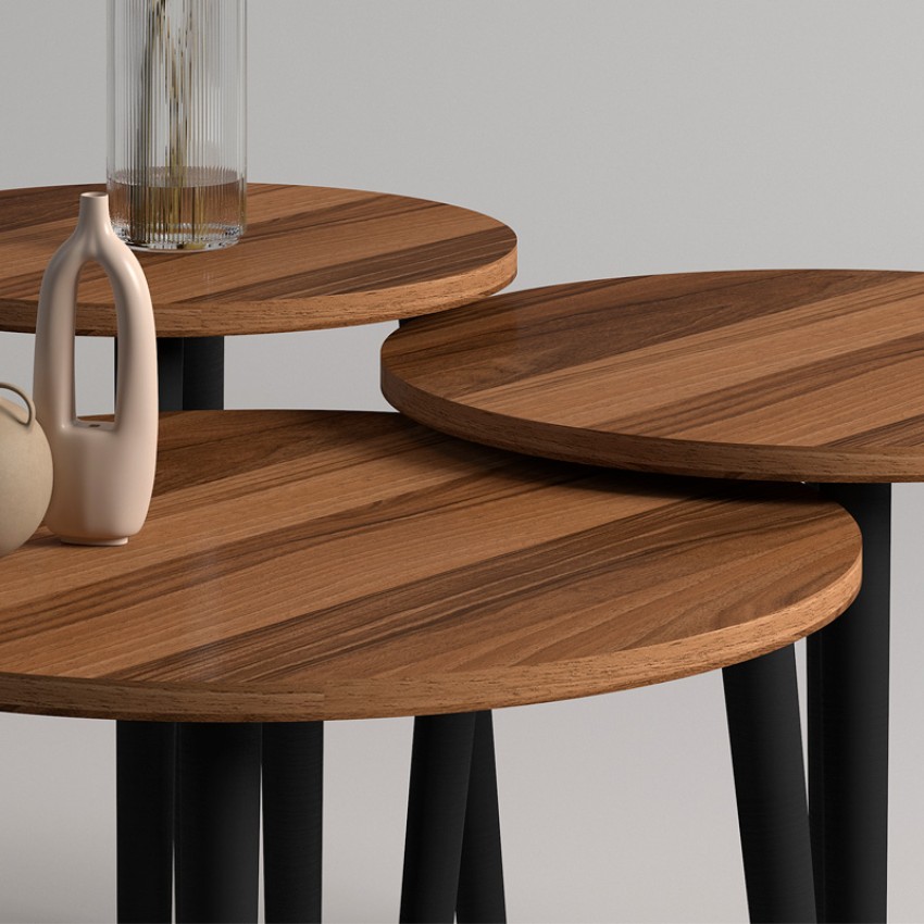 Τραπεζάκι σαλονιού σετ 3 τμχ Roma χρώμα καρυδί Φ60x46εκ.