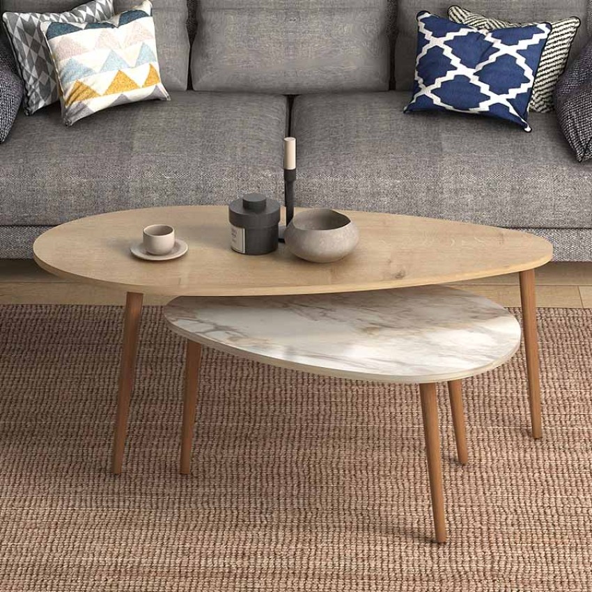 Βοηθητικά τραπεζάκια Elips από μελαμίνη χρώμα oak - μπεζ εφέ μαρμάρου 116x46x46εκ.