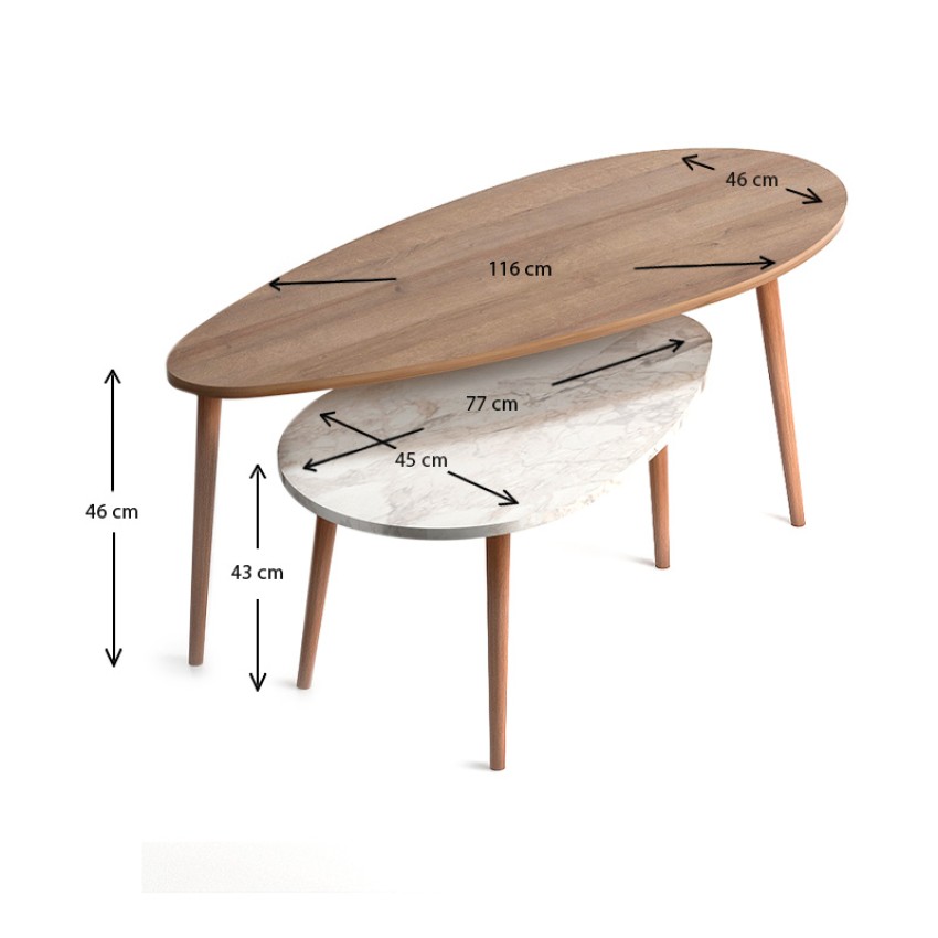 Βοηθητικά τραπεζάκια Elips από μελαμίνη χρώμα oak - μπεζ εφέ μαρμάρου 116x46x46εκ.