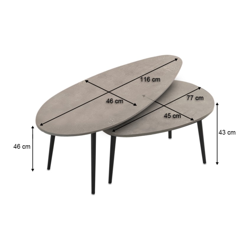Τραπεζάκι σαλονιού σετ 2 τμχ Elips χρώμα γκρι ρετρό 116x46x46εκ.