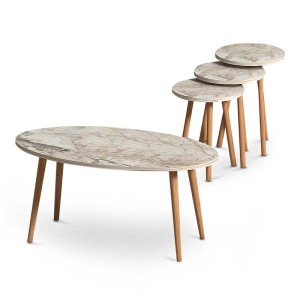 Τραπεζάκι σαλονιού + βοηθητικά τραπεζάκια Elips από μελαμίνη χρώμα εφέ μαρμάρου 90x50x41εκ.
