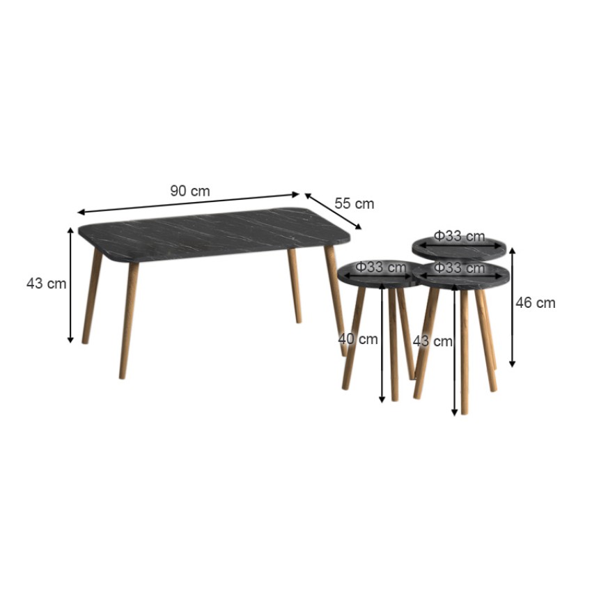 Τραπεζάκι σαλονιού σετ 4 τμχ Soul χρώμα μαύρο εφέ μαρμάρου 90x55x43εκ.