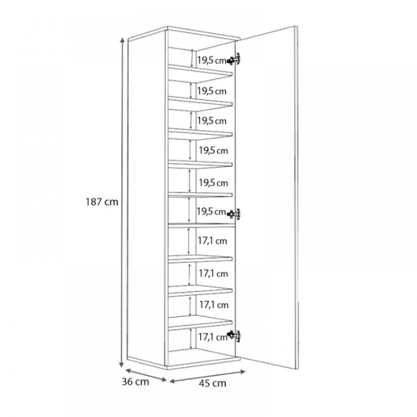 Ντουλάπα ρούχων - παπουτσοθήκη Visla μονόφυλλη με καθρέπτη χρώμα καρυδί 45x36x187εκ.