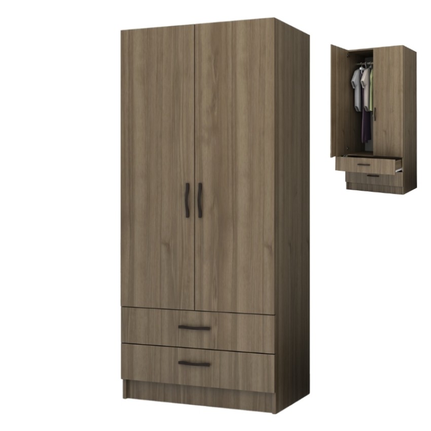 Ντουλάπα ρούχων Ricardo δίφυλλη με συρτάρια χρώμα καρυδί 80x51,8x181εκ.