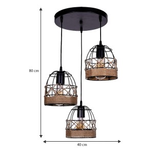 Φωτιστικό οροφής Lino E27 μεταλλικό - σχοινί τρίφωτο χρώμα μαύρο 40x40x80εκ.