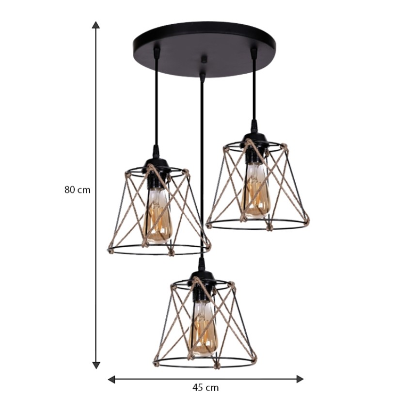 Φωτιστικό οροφής Cesa E27 μεταλλικό - σχοινί τρίφωτο χρώμα μαύρο 45x40x70εκ.