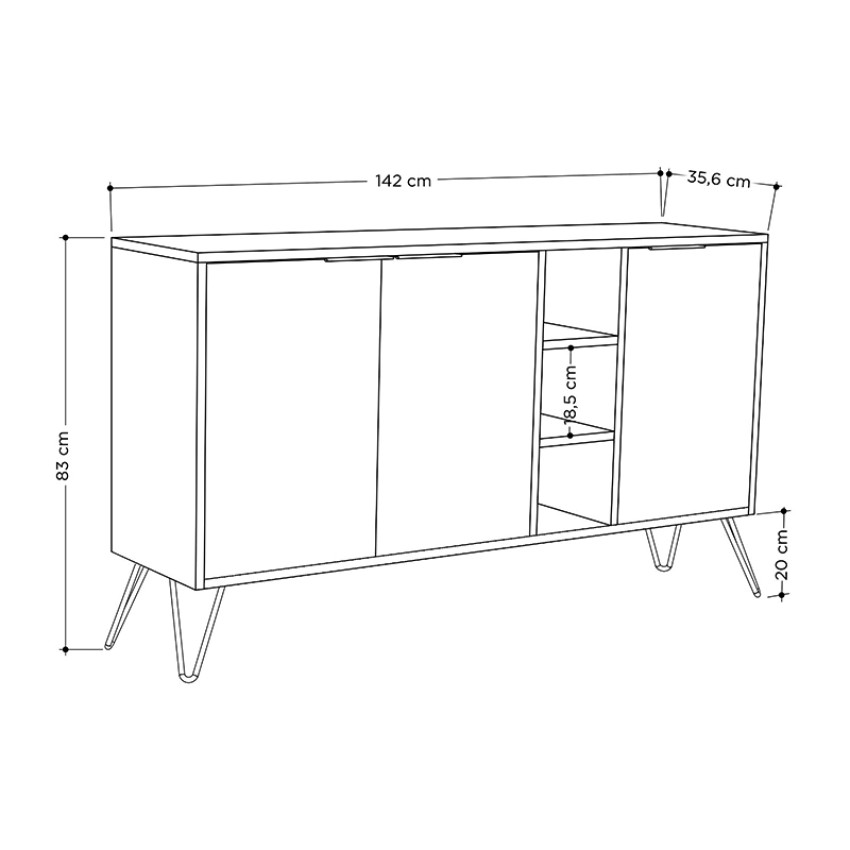 Μπουφές μελαμίνης Clara χρώμα φυσικό οξιάς 142x35,6x83εκ.