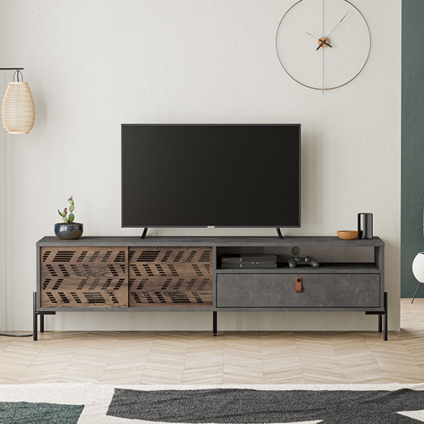 Έπιπλο τηλεόρασης Dionysos από μελαμίνη χρώμα γκρι ρετρό 170x45x48,6εκ.