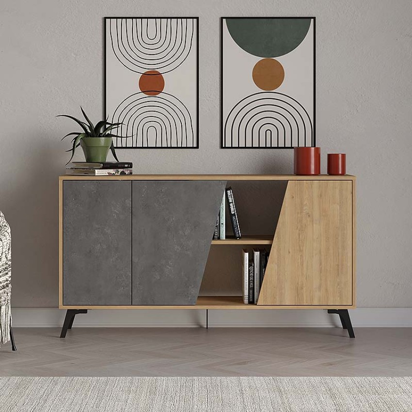 Μπουφές μελαμίνης Fiona χρώμα φυσικό οξιάς - γκρι ρετρό 150x35,6x82εκ.