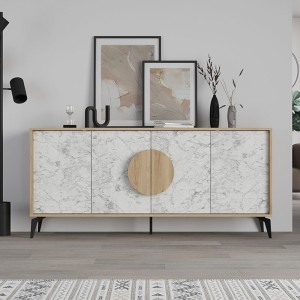 Μπουφές μελαμίνης Gora χρώμα φυσικό οξιάς - λευκό εφέ μαρμάρου 180x35,6x82εκ.