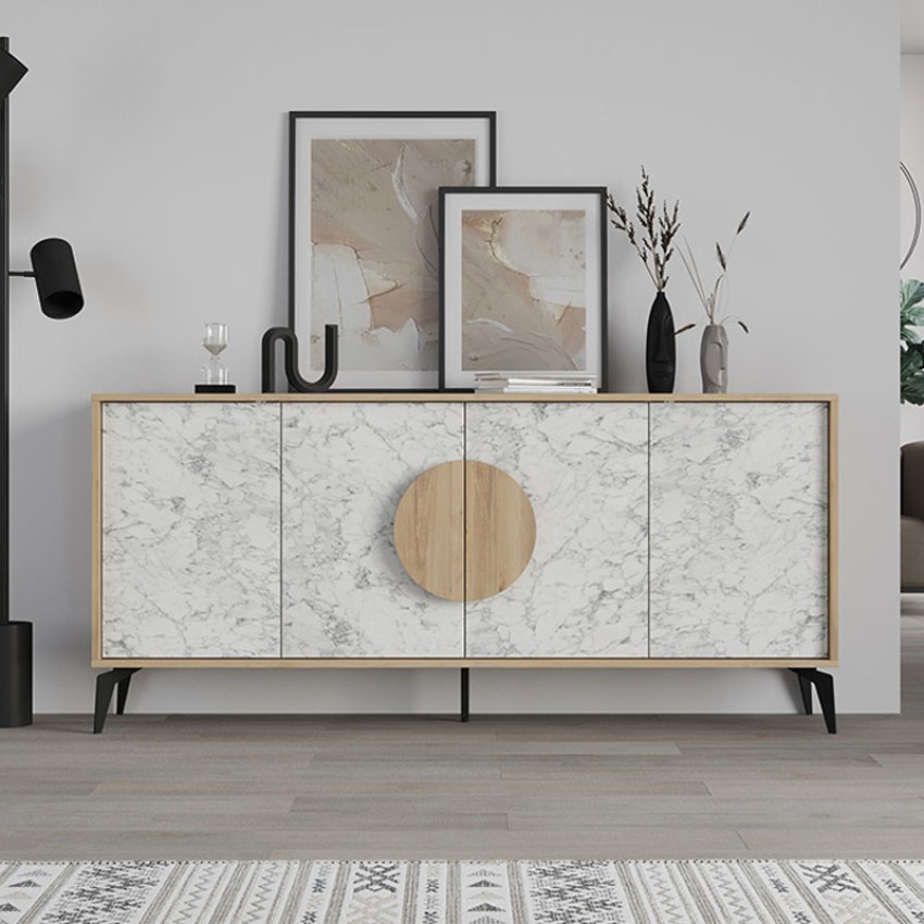 Μπουφές μελαμίνης Gora χρώμα φυσικό οξιάς - λευκό εφέ μαρμάρου 180x35,6x82εκ.