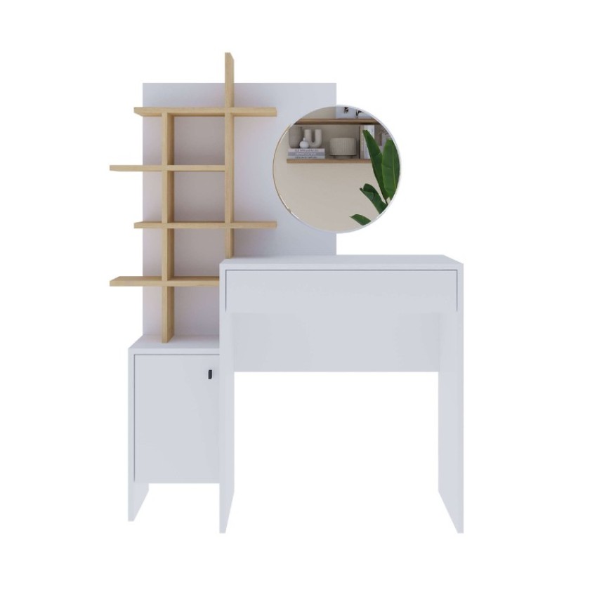 Τουαλέτα με καθρέπτη Mup από μελαμίνη χρώμα λευκό - φυσικό οξιάς 105x35x151εκ. Τουαλέτα με καθρέπτη Mup από μελαμίνη χρώμα λευκό - φυσικό οξιάς 105x35x151εκ.