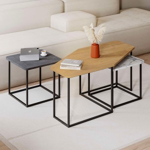 Τραπεζάκι σαλονιού σετ 3 τμχ. Nesty από μελαμίνη χρώμα saphhire oak - γκρι ρετρό - λευκό εφέ μαρμάρου 110x60x48εκ.