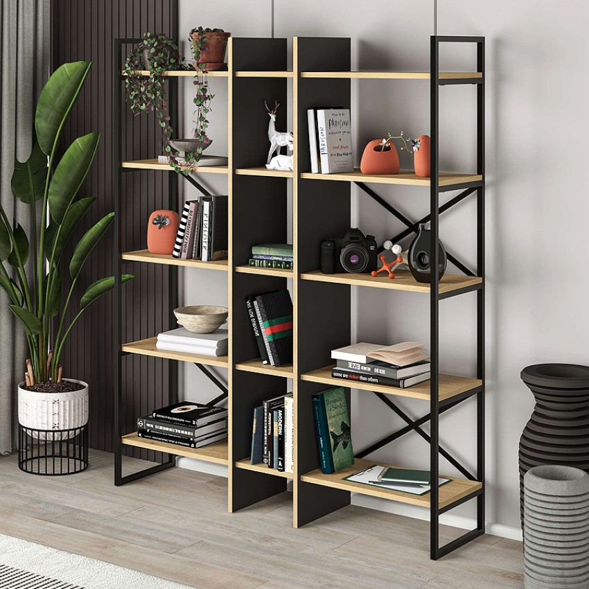 Βιβλιοθήκη Detroit χρώμα sapphire oak - silky black 143,5x35,2x175εκ.