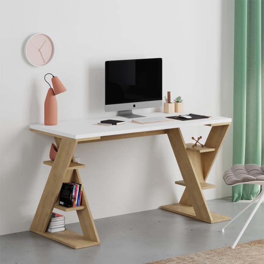 Γραφείο εργασίας Papillon χρώμα sapphire oak - λευκό 137x60x75εκ