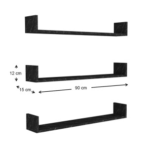 Ραφιέρα τοίχου Tyrion 3 τεμαχίων από μελαμίνη χρώμα μαύρο εφέ μαρμάρου 90x15x12εκ.