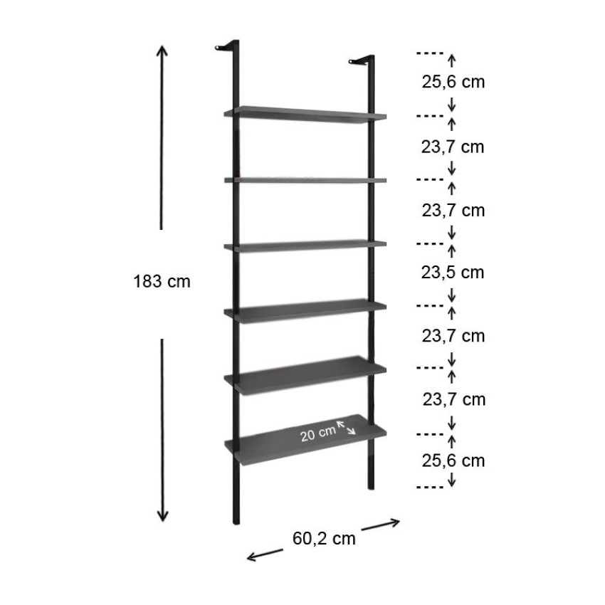 Βιβλιοθήκη τοίχου Madison μεταλλική - μελαμίνης χρώμα μαύρο - ανθρακί 60x20x183εκ.