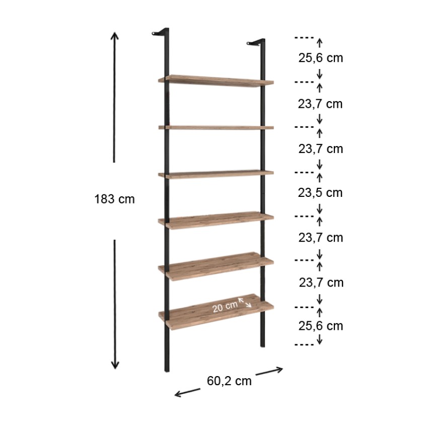 Βιβλιοθήκη τοίχου Madison μεταλλική - μελαμίνης χρώμα μαύρο - pine oak 60x20x183εκ.