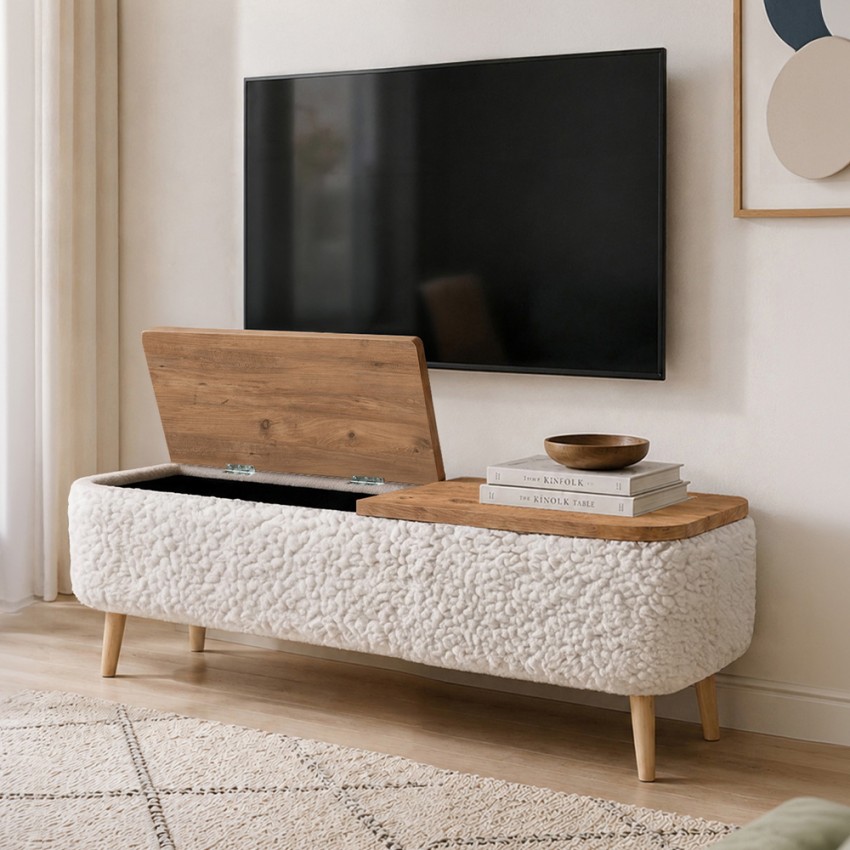 Έπιπλο Τηλεόρασης Luno με Ύφασμα Teddy Λευκό – Pine Oak 120x30x45 εκ.