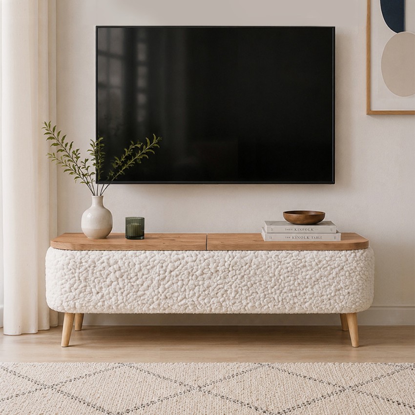 Έπιπλο Τηλεόρασης Luno με Ύφασμα Teddy Λευκό – Pine Oak 120x30x45 εκ.