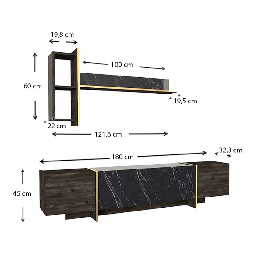 Σύνθεση τηλεόρασης Veyron από μελαμίνη χρώμα μαύρο rebab - μαύρο εφέ μαρμάρου 180x33x45εκ.
