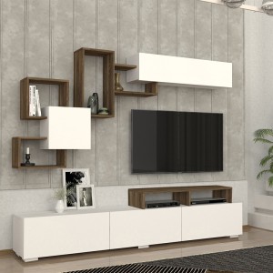 Σύνθεση τηλεόρασης Stamatia από μελαμίνη χρώμα λευκό - καρυδί 210x36,8x46,8εκ.