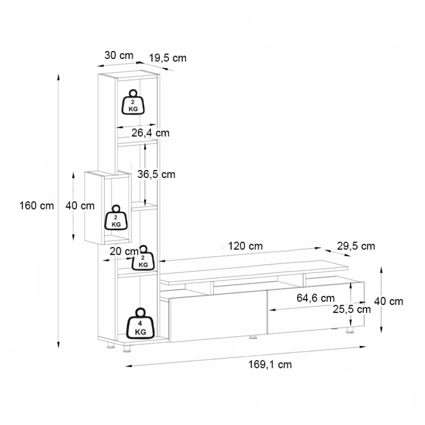 Σύνθεση τηλεόρασης Tulip χρώμα λευκό - sepet oak 160x29,5x160εκ.