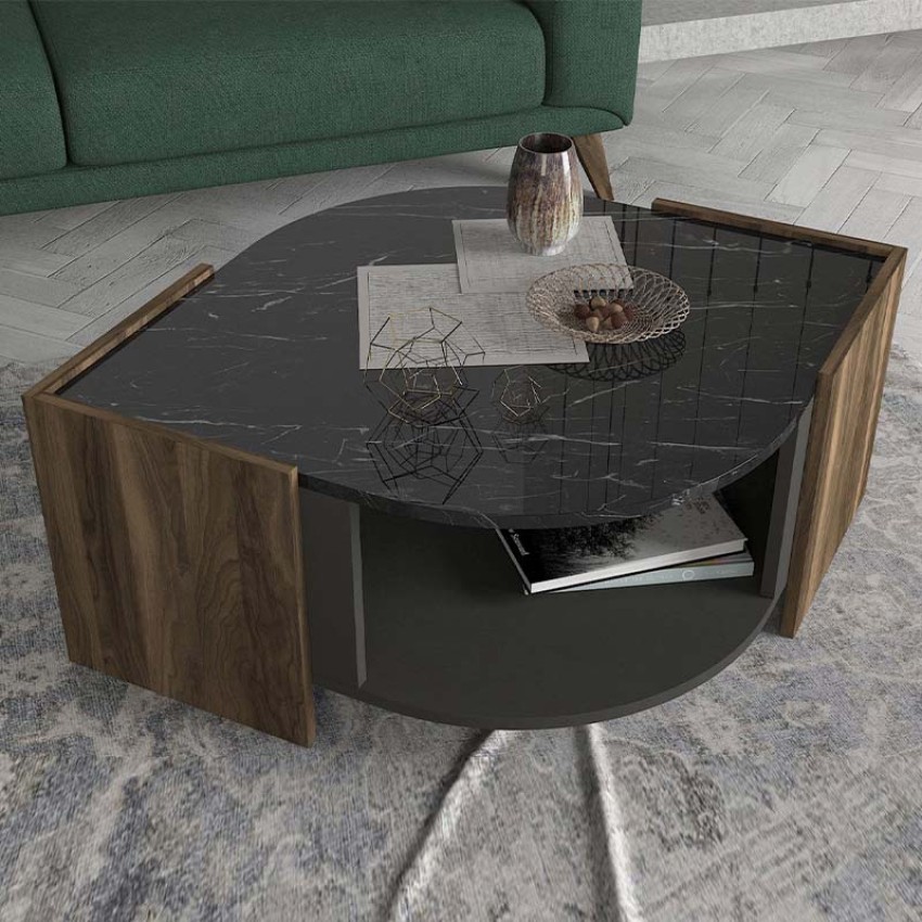 Τραπεζάκι σαλονιού Marbel από μελαμίνη χρώμα καρυδί - μαύρο εφέ μαρμάρου 75x75x40εκ.