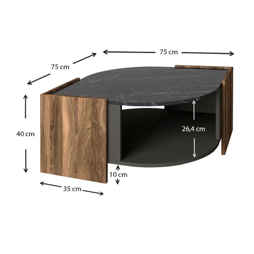 Τραπεζάκι σαλονιού Marbel από μελαμίνη χρώμα καρυδί - μαύρο εφέ μαρμάρου 75x75x40εκ.