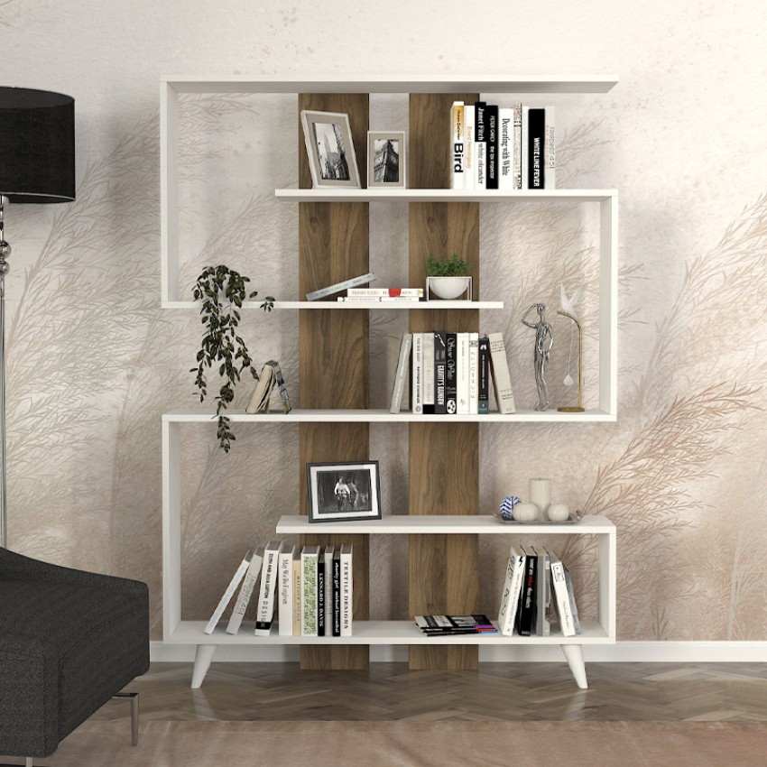 Βιβλιοθήκη μελαμίνης Rain χρώμα λευκό - καρυδί 120x19,5x162εκ.