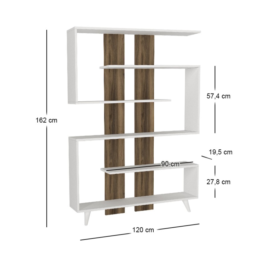 Βιβλιοθήκη μελαμίνης Rain χρώμα λευκό - καρυδί 120x19,5x162εκ.