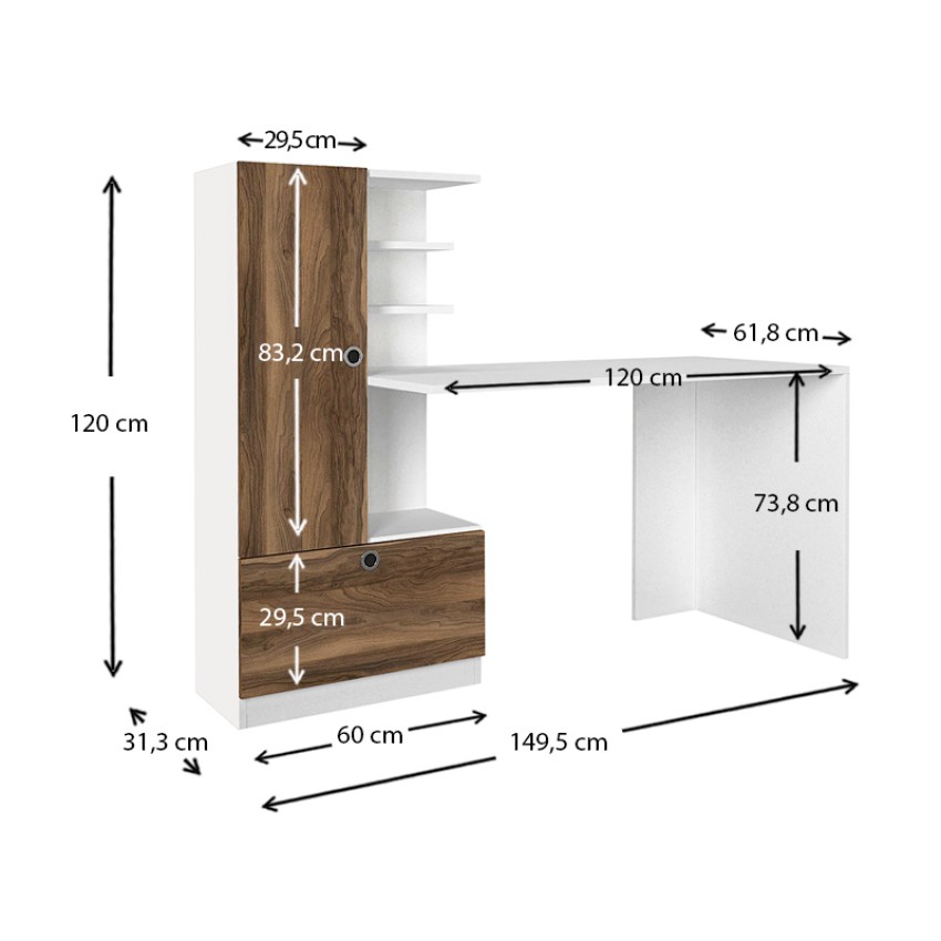 Γραφείο εργασίας Domingo από μελαμίνη χρώμα λευκό - καρυδί 149,5x60x120εκ.