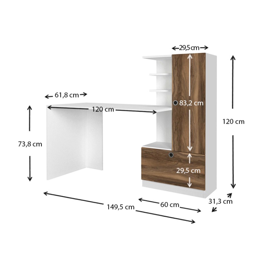 Γραφείο εργασίας Merino από μελαμίνη χρώμα λευκό - καρυδί 149,5x61,8x120εκ.