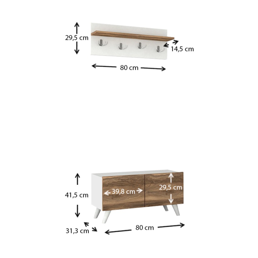 Έπιπλο εισόδου Lores από μελαμίνη χρώμα λευκό - καρυδί 80x31,3x41,5εκ.