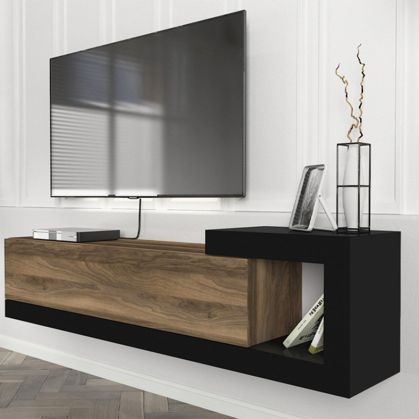 Έπιπλο τηλεόρασης επιτοίχιο Volare χρώμα καρυδί - μαύρο 150x29,6x38,6εκ.