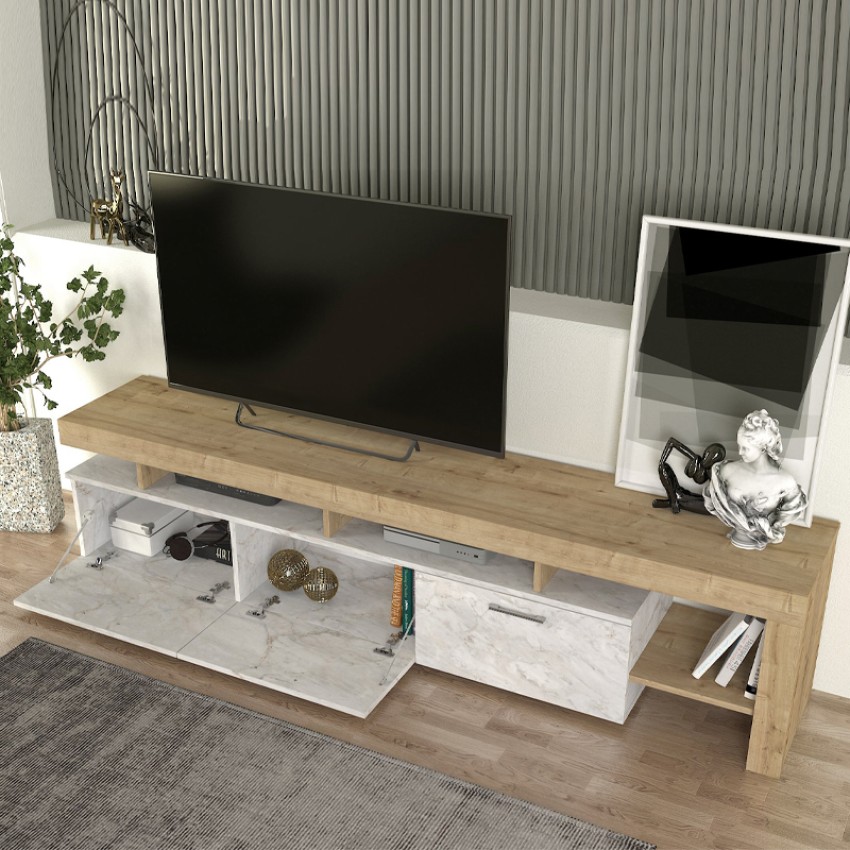 Έπιπλο τηλεόρασης Acnes χρώμα λευκό εφέ μαρμάρου - sapphire oak 220x40x52εκ.