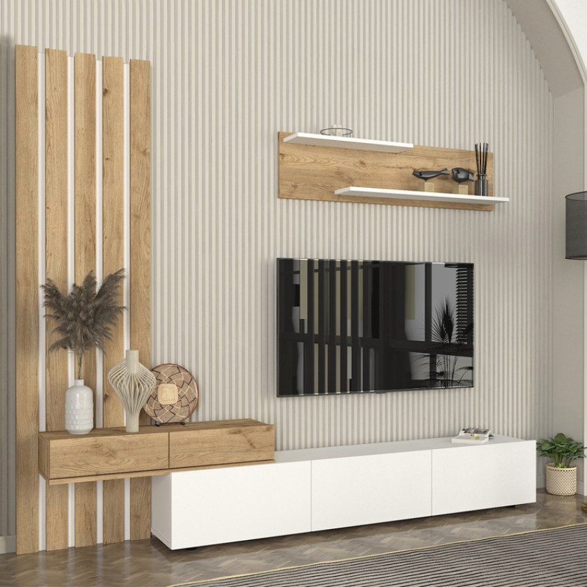 Σύνθεση τηλεόρασης Rosaline χρώμα λευκό - sepet oak 233x31,3x196,8εκ.