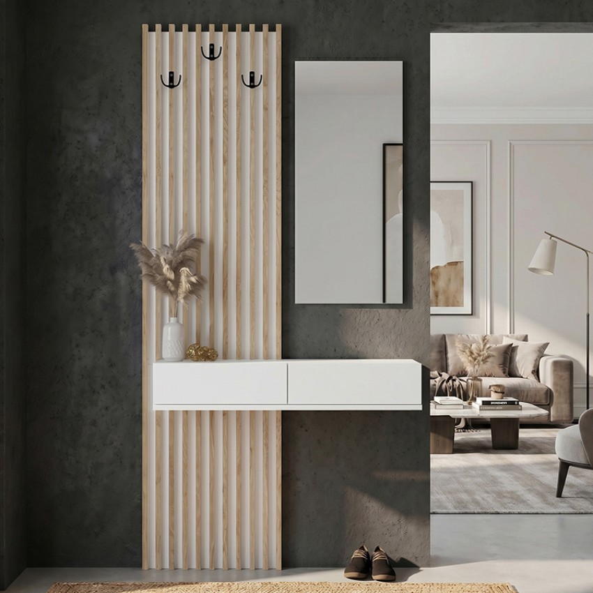 Έπιπλο εισόδου Elois με καθρέπτη λευκό - sepet oak 96,6x26,8x195,5εκ.