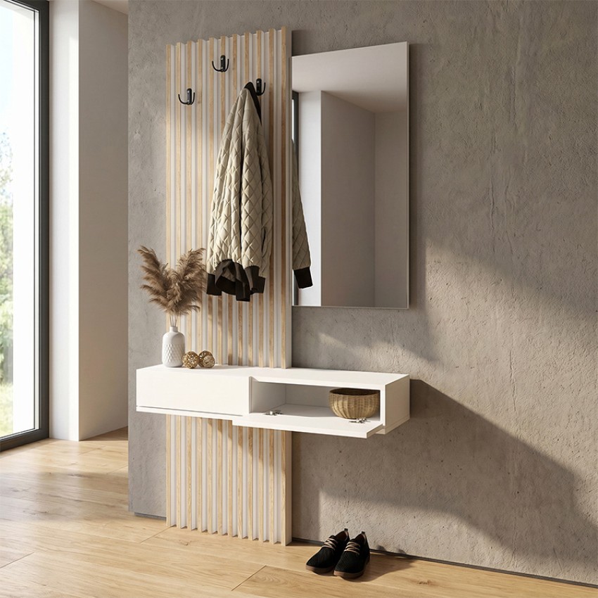 Έπιπλο εισόδου Elois με καθρέπτη λευκό - sepet oak 96,6x26,8x195,5εκ.