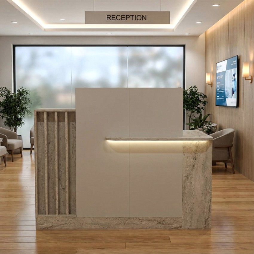 Γραφείο υποδοχής - reception Dayana με LED χρώμα travertine - sandstone 150x85,2x120εκ.
