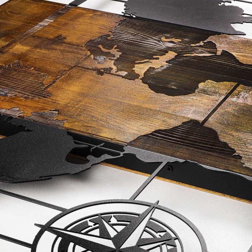 Διακοσμητικό τοίχου World Map ξύλινο - μεταλλικό χρώμα καρυδί - μαύρο 85x3x58εκ.