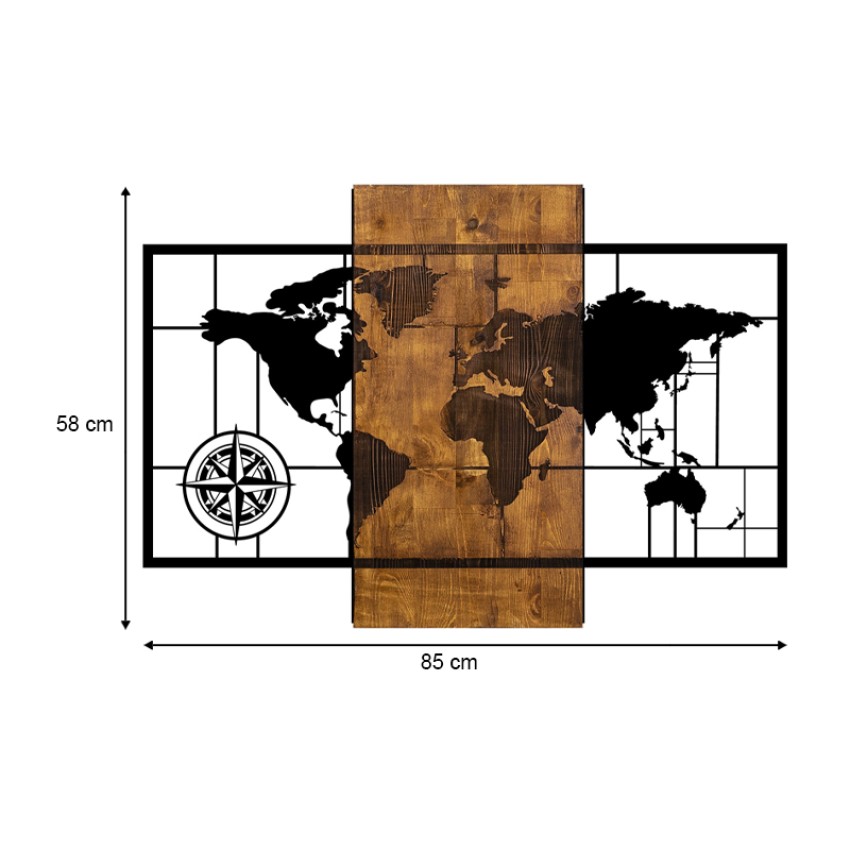 Διακοσμητικό τοίχου World Map ξύλινο - μεταλλικό χρώμα καρυδί - μαύρο 85x3x58εκ.