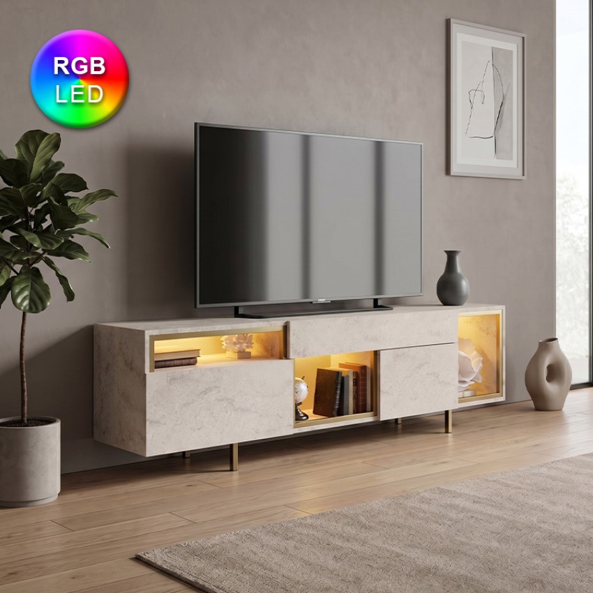 Έπιπλο τηλεόρασης Norm με Led Rgb χρώμα travertine - χρυσό 180x32x55εκ.