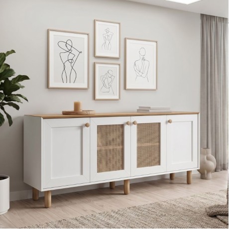 Μπουφές Bohemian Λευκό - Φυσικό Οξιάς με Rattan 180x40x75 εκ.