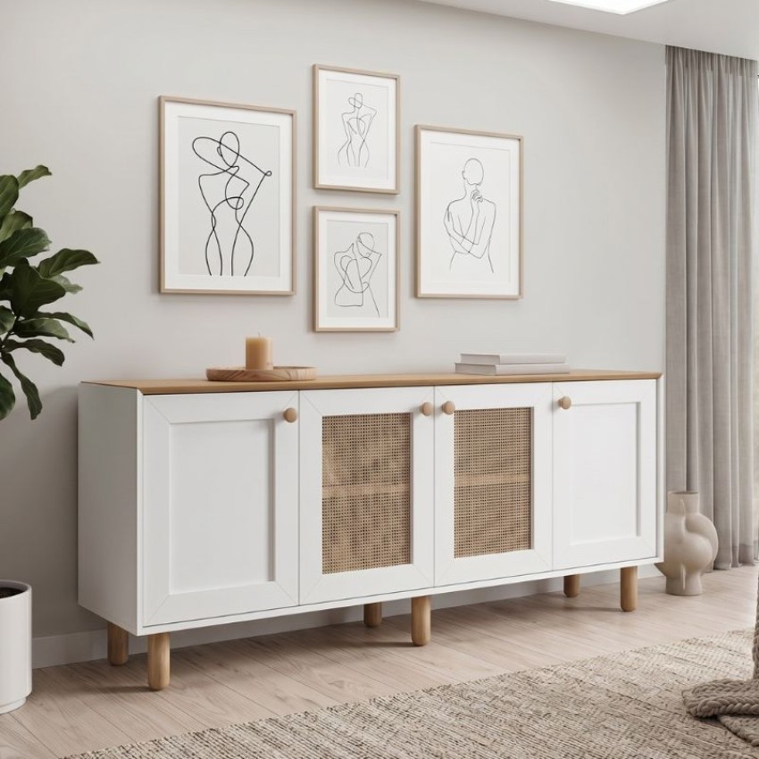 Μπουφές Bohemian Λευκό - Φυσικό Οξιάς με Rattan 180x40x75 εκ.