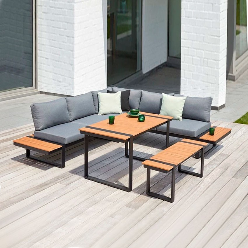 Σαλόνι κήπου γωνιακό Artemis σετ 4 τμχ μέταλλο - ξύλο χρώμα μαύρο - καρυδί