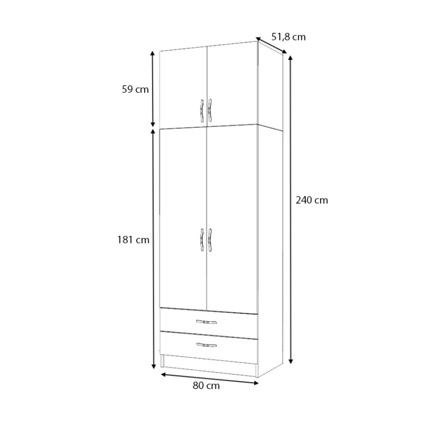 Ντουλάπα ρούχων Ricardo δίφυλλη με πατάρι και συρτάρια χρώμα ανθρακί 80x51,8x240εκ.