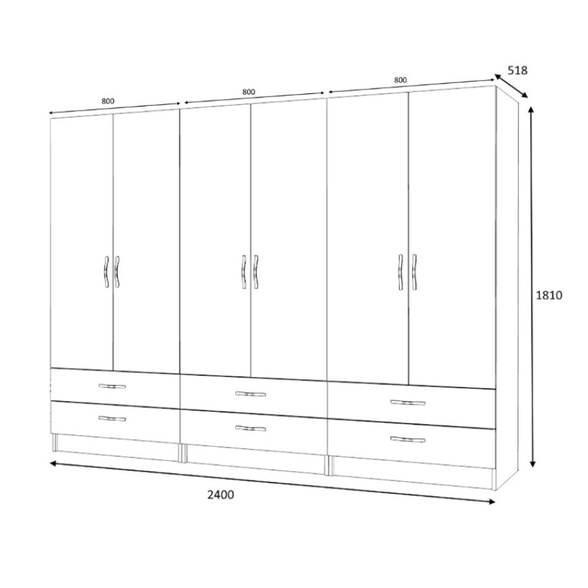 Ντουλάπα ρούχων Ricardo εξάφυλλη χρώμα φυσικό οξιάς 240x51,8x181εκ.