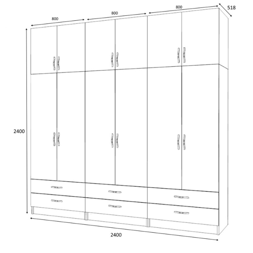Ντουλάπα ρούχων Ricardo εξάφυλλη με πατάρι και συρτάρια χρώμα καρυδί 240x51,8x240εκ.