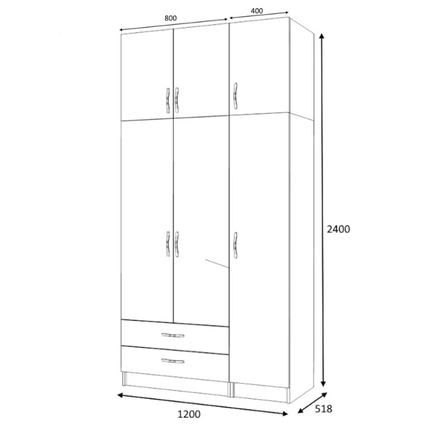 Ντουλάπα ρούχων Ricardo τρίφυλλη με πατάρι και συρτάρια χρώμα καρυδί 120x51,8x240εκ.